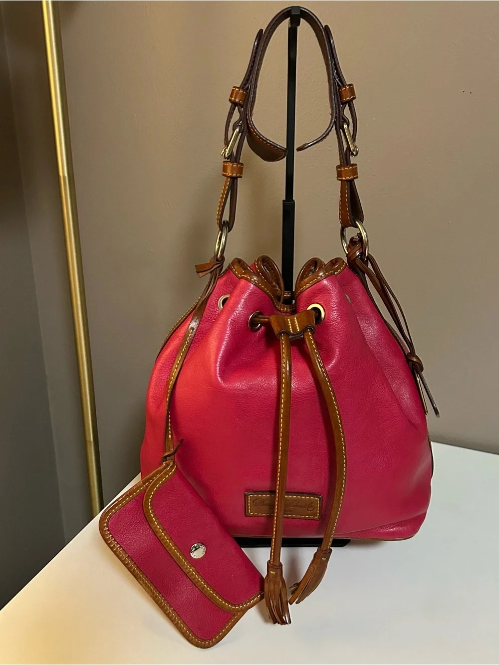 Dooney & Bourke Leather Drawstring Bucket Bag with Pouch in Fuschia Pink